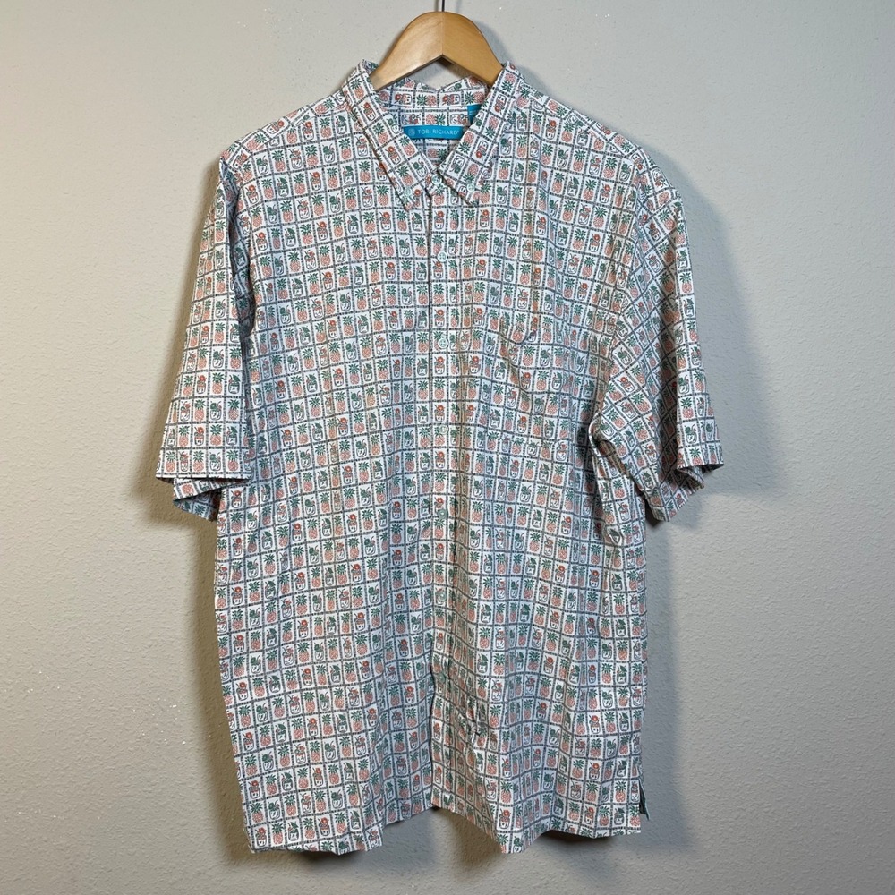 Tori Richard Pineapple Cocktail Shirt Mens XL White Orange Blue Hawaiian Aloha